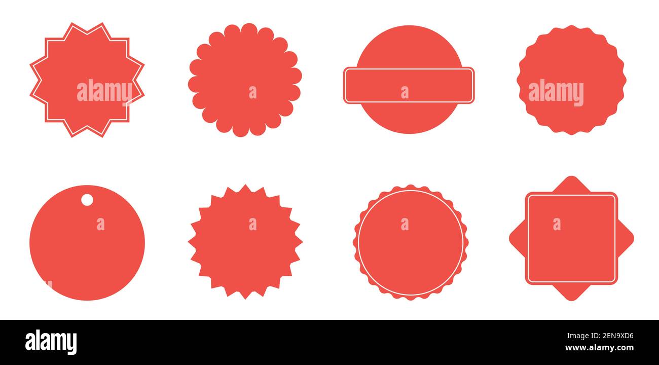 Set von roten Sternensets. Rote leere Aufkleber. Sunburst Abzeichen, Etiketten, Verkauf Tags isoliert. Designelemente. Stock Vektor