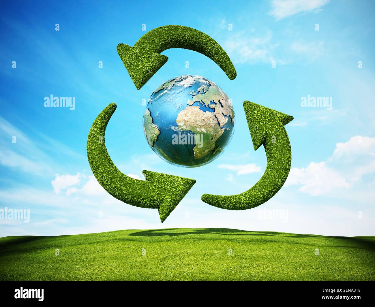 Drehen grüne Pfeile um die Erde Form Recycling-Symbol. 3D Abbildung. Stockfoto