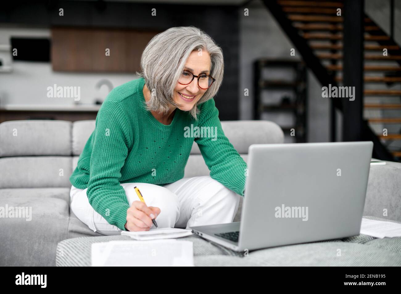Gut gekleidete grauhaarige Frau im Ruhestand Verwaltung Familienbudget zu Hause, mit Brille, beobachten auf dem Computer-Bildschirm, schriftlich in Papieren mit Stift, konzentrierte Blick, Planung für die Zukunft Stockfoto