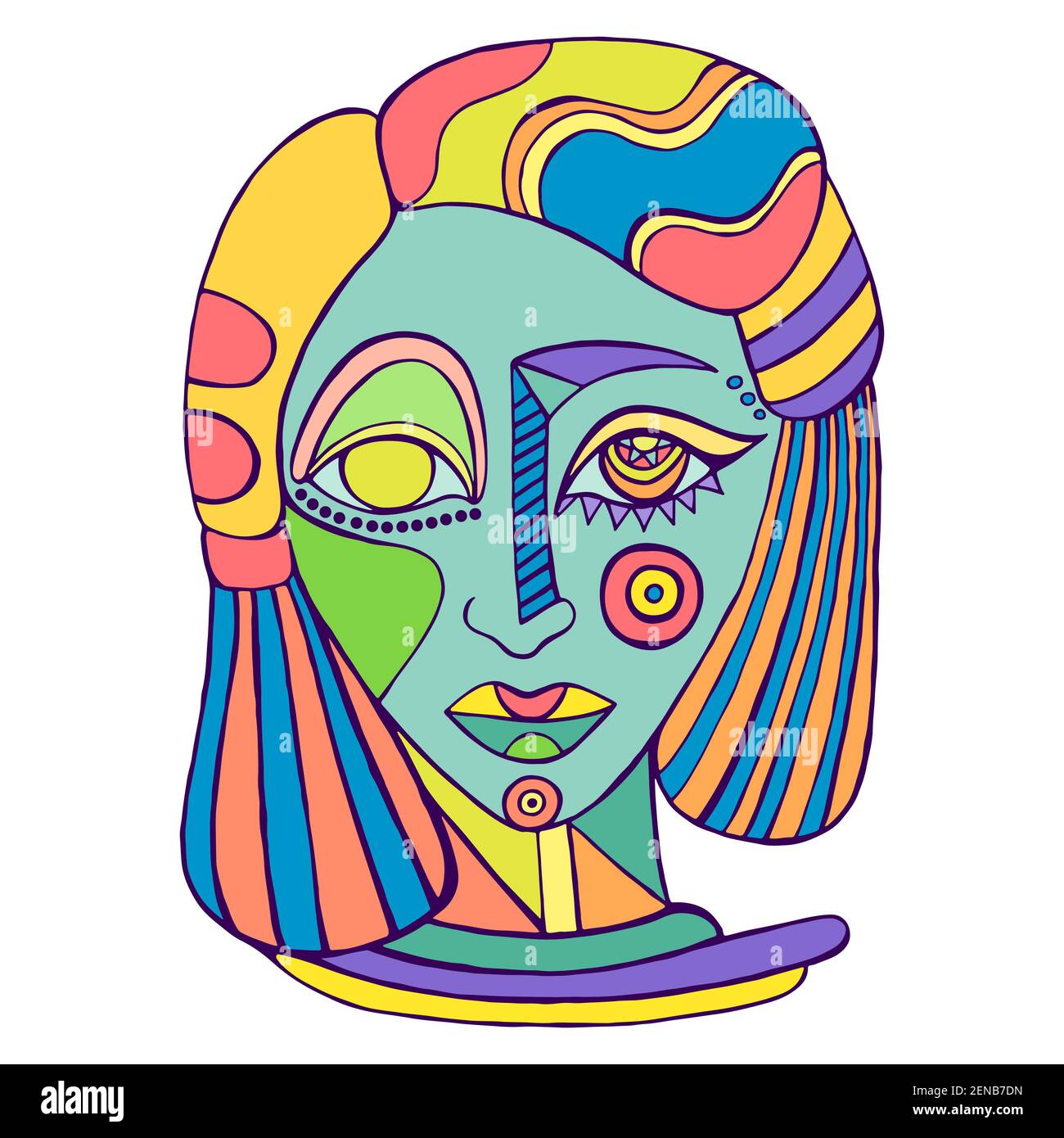 Surreal abstrakt Mädchen Gesicht, bunte menschliche Porträt, isoliert auf weiß. Psychedelische stilvolle Karte mit fantastischen Frau. Vektor Hand gezeichnet künstlerischen illu Stock Vektor