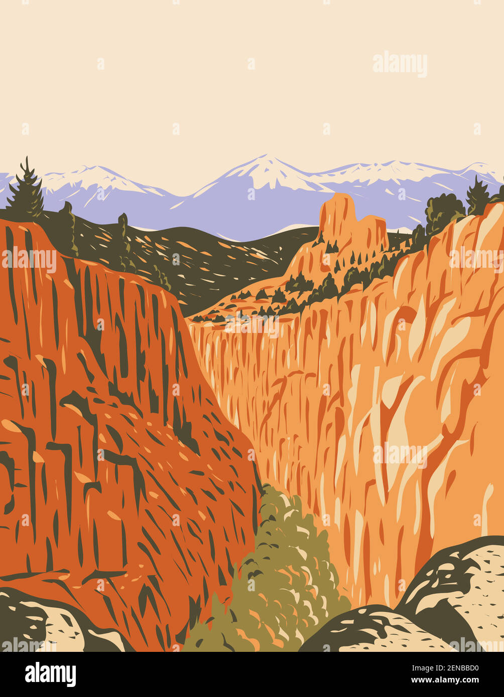 WPA-Plakatkunst des Browns Canyon National Monument umfasst Canyons und Wälder in Arkansas River Valley und The Sawatch Bereich in Chaffee Count Stock Vektor
