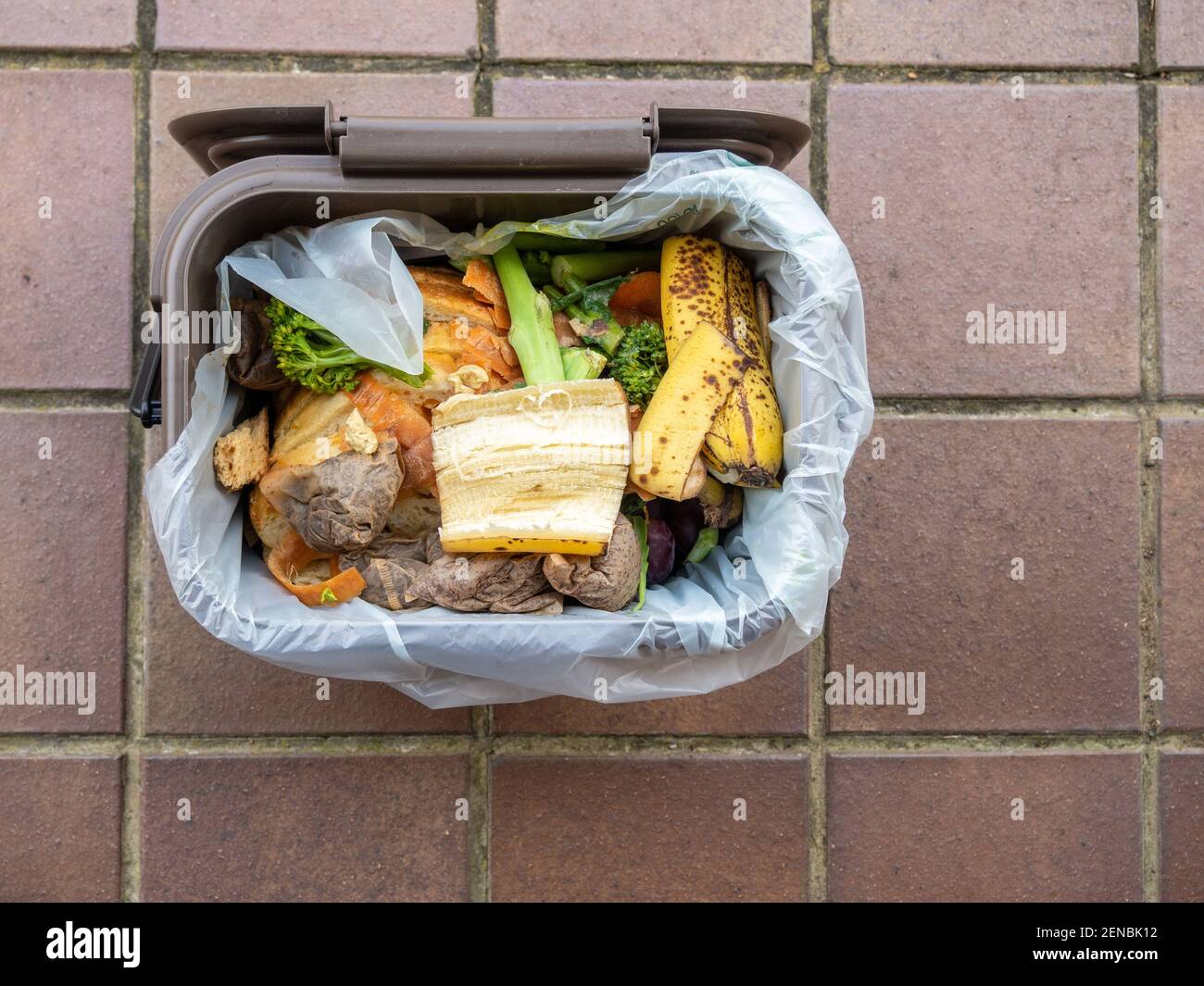 Ansicht von oben eines indoor Food Recycling Caddy voller Küchenabfälle in einem Kompostierbeutel, Großbritannien Stockfoto