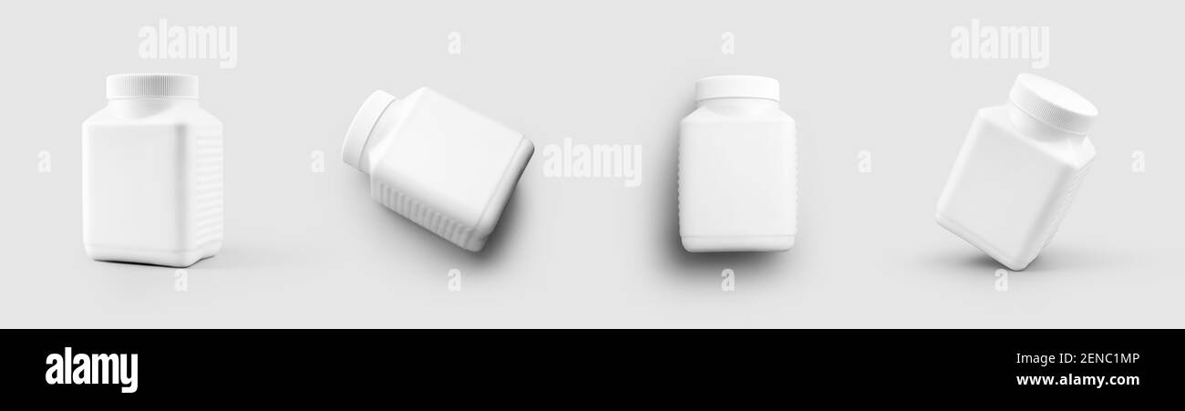Schablone eines weißen Plastikgefäßes für Pillen, Gel, Vitamin, leere Behälter für Design-Präsentation. Mockup Flasche mit Kappe, isoliert auf Hintergrund mit Stockfoto