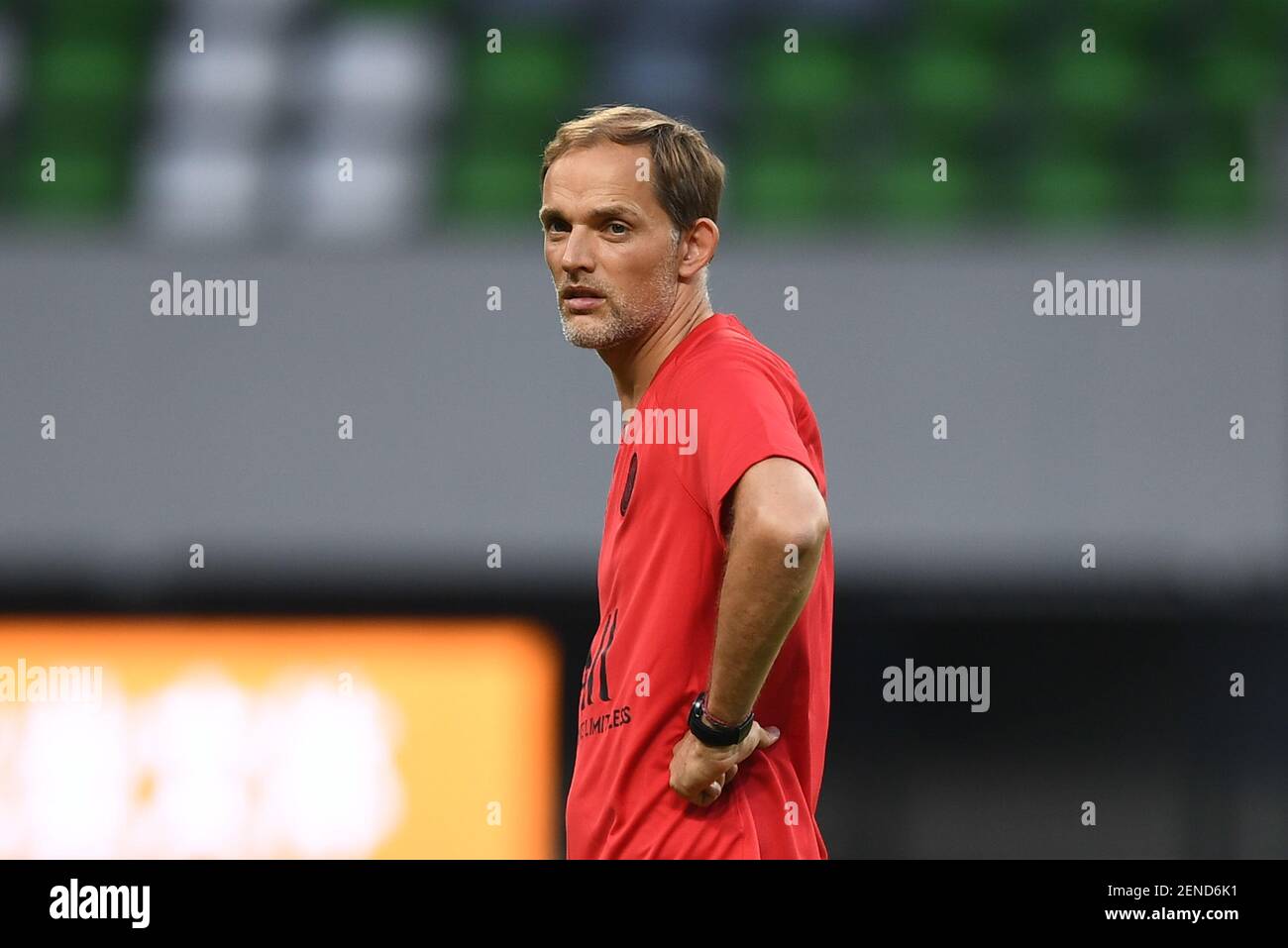 Cheftrainer Thomas Tuchel und die Assistenten von Paris Saint-Germain nehmen an einem Training Teil, um sich auf das kommende Spiel des International Super Cup 2019 in Suzhou, der ostchinesischen Provinz Jiangsu, am 29. Juli 2019 vorzubereiten. (Foto von Stringer - Imaginechina/Sipa USA) Stockfoto