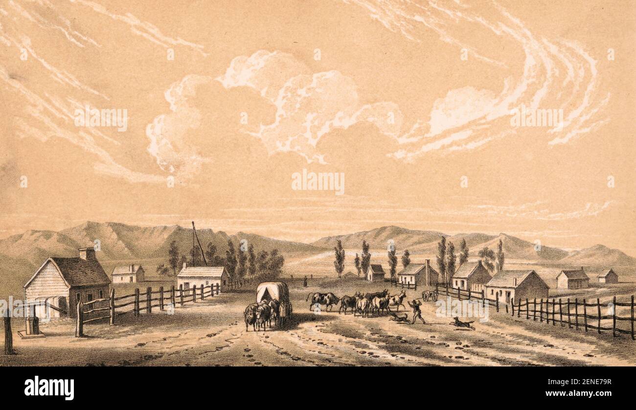 Straße in Great Salt Lake City - Blick nach Osten - Drucken zeigt einen breiten Feldweg, beidseitig eingezäunt, mit ein paar kleinen Gebäuden hinter den Zäunen; Zeigt auch einen Planwagen, der sich dem Betrachter nähert, und einen Mann mit zwei Hunden, die in der Nähe der Straßenmitte Rinder hüten, 1851 Stockfoto