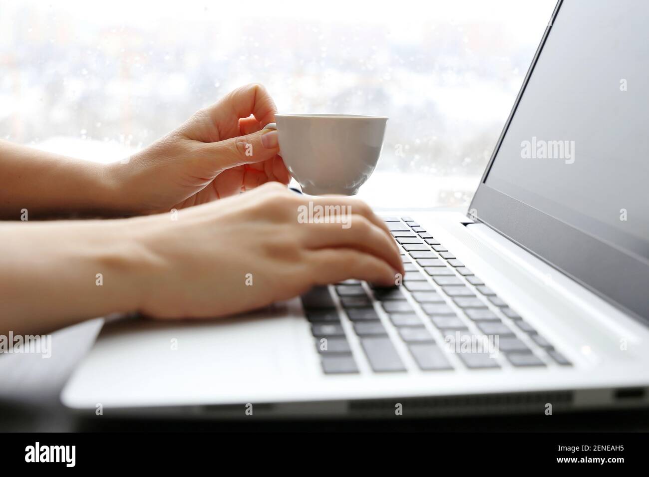 Frau trinkt Kaffee, sitzt auf Laptop-Tastatur auf Fensterhintergrund. Tasse Heißgetränk in weiblicher Hand, Pause während der Arbeit Stockfoto