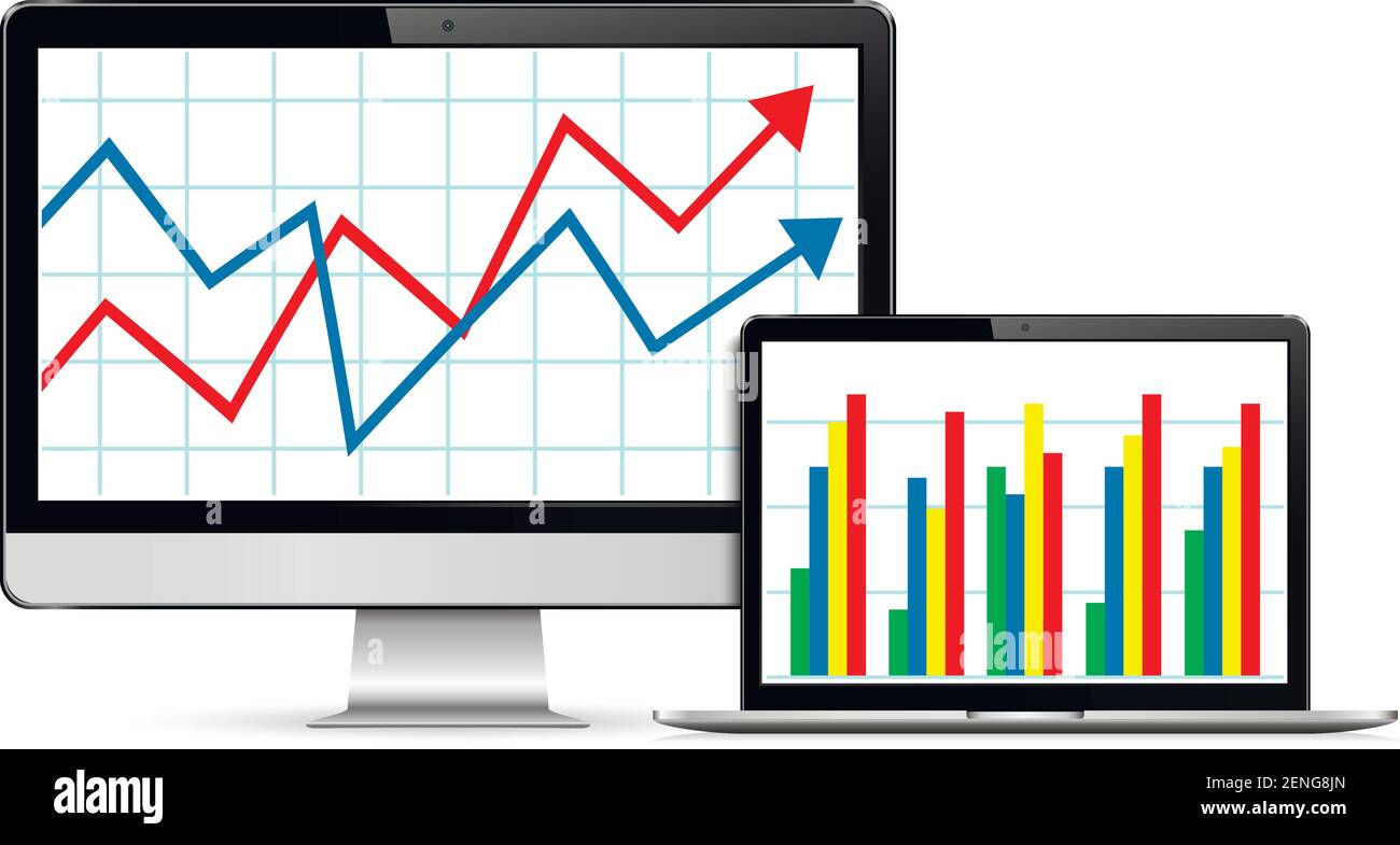 Realistischer moderner Monoblock-Computer und Laptop mit Grafik auf dem Bildschirm Stock Vektor