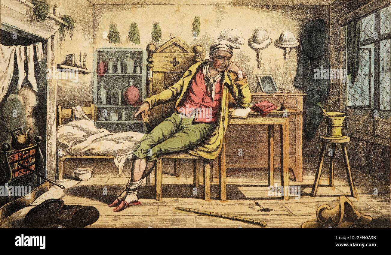 Doktor Comicus; oder die Froliken des Glücks. Ein komisches satirisches Gedicht, für das Quietschende und Queer. In zwölf Cantos. Eine Nachahmung der Tour von Doctor Syntax auf der Suche nach dem malerischen / William Combe ; Stiche von Thomas Rowlandson. Vgl. Doctor Syntax / H.W. Hamilton. Ursprünglich veröffentlicht als: The Adventures of Doctor Comicus, or, the frolicks of Fortune / von A Modern Syntax. Vgl. Englische Bücher mit farbigen Tafeln, 1790-1860 / R.V. Tooley Stockfoto