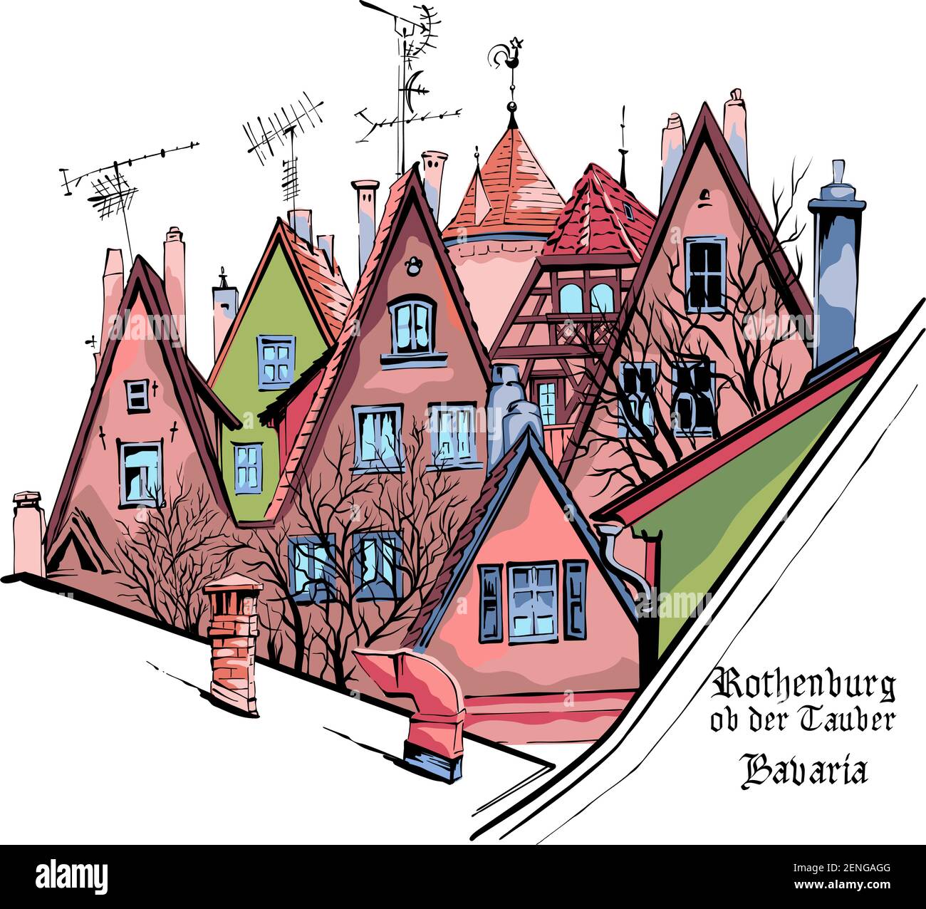 Vektor-Farbskizze von malerischen Fassaden und Dächern der mittelalterlichen Altstadt, Rothenburg ob der Tauber mit Stadtnamen, Bayern, Deutschland Stock Vektor