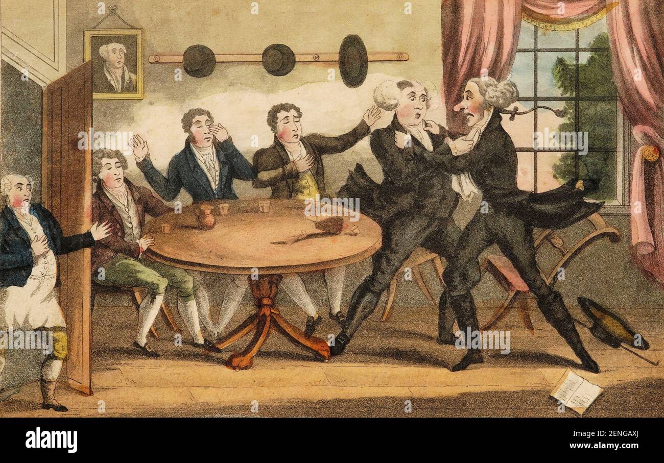 Doktor Comicus; oder die Froliken des Glücks. Ein komisches satirisches Gedicht, für das Quietschende und Queer. In zwölf Cantos. Eine Nachahmung der Tour von Doctor Syntax auf der Suche nach dem malerischen / William Combe ; Stiche von Thomas Rowlandson. Vgl. Doctor Syntax / H.W. Hamilton. Ursprünglich veröffentlicht als: The Adventures of Doctor Comicus, or, the frolicks of Fortune / von A Modern Syntax. Vgl. Englische Bücher mit farbigen Tafeln, 1790-1860 / R.V. Tooley Stockfoto