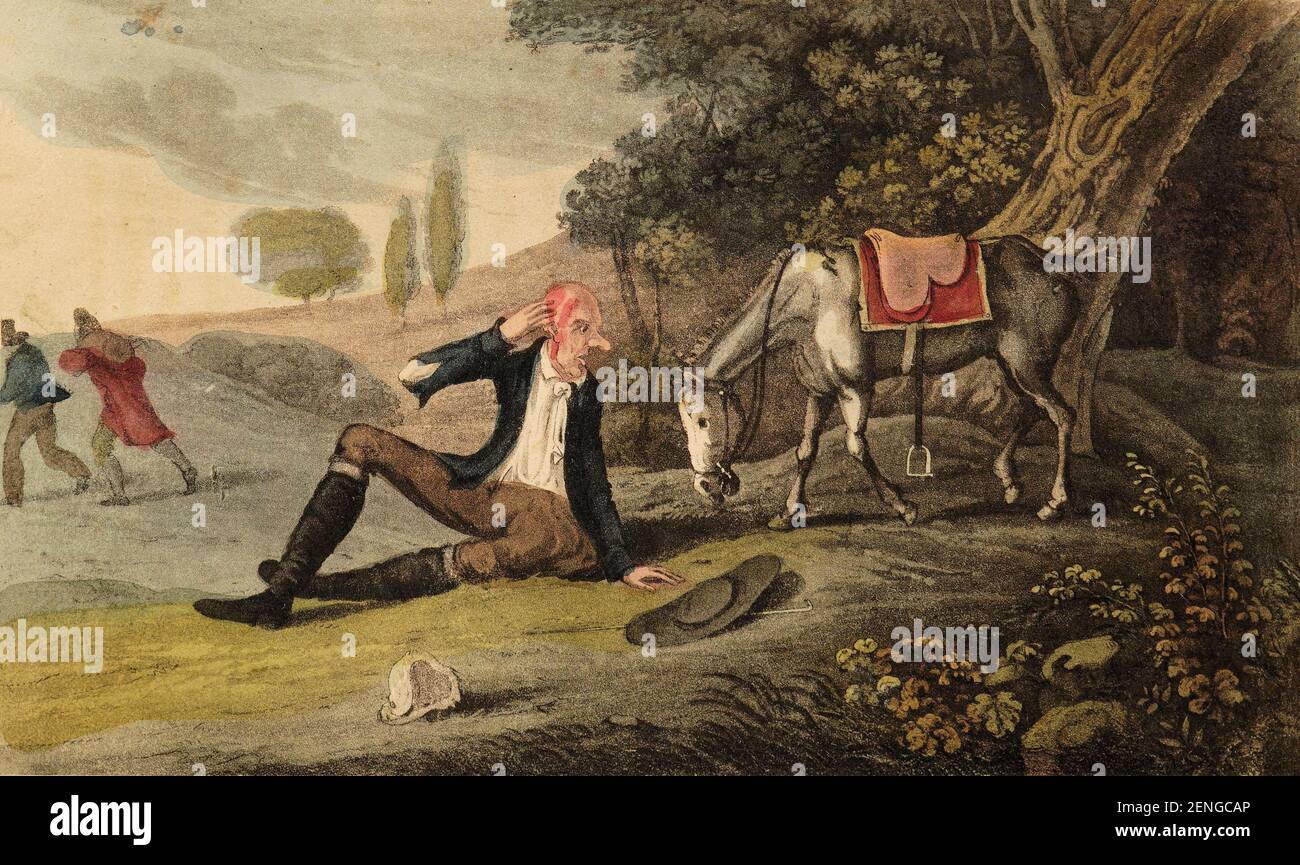 Aus dem Buch Doktor Comicus; oder die Froliken des Glücks. Ein komisches satirisches Gedicht, für das Quietschende und Queer. In zwölf Cantos. Eine Nachahmung der Tour von Doctor Syntax auf der Suche nach dem malerischen / William Combe ; Stiche von Thomas Rowlandson. Vgl. Doctor Syntax / H.W. Hamilton. Ursprünglich veröffentlicht als: The Adventures of Doctor Comicus, or, the frolicks of Fortune / von A Modern Syntax. Vgl. Englische Bücher mit farbigen Tafeln, 1790-1860 / R.V. Tooley Stockfoto