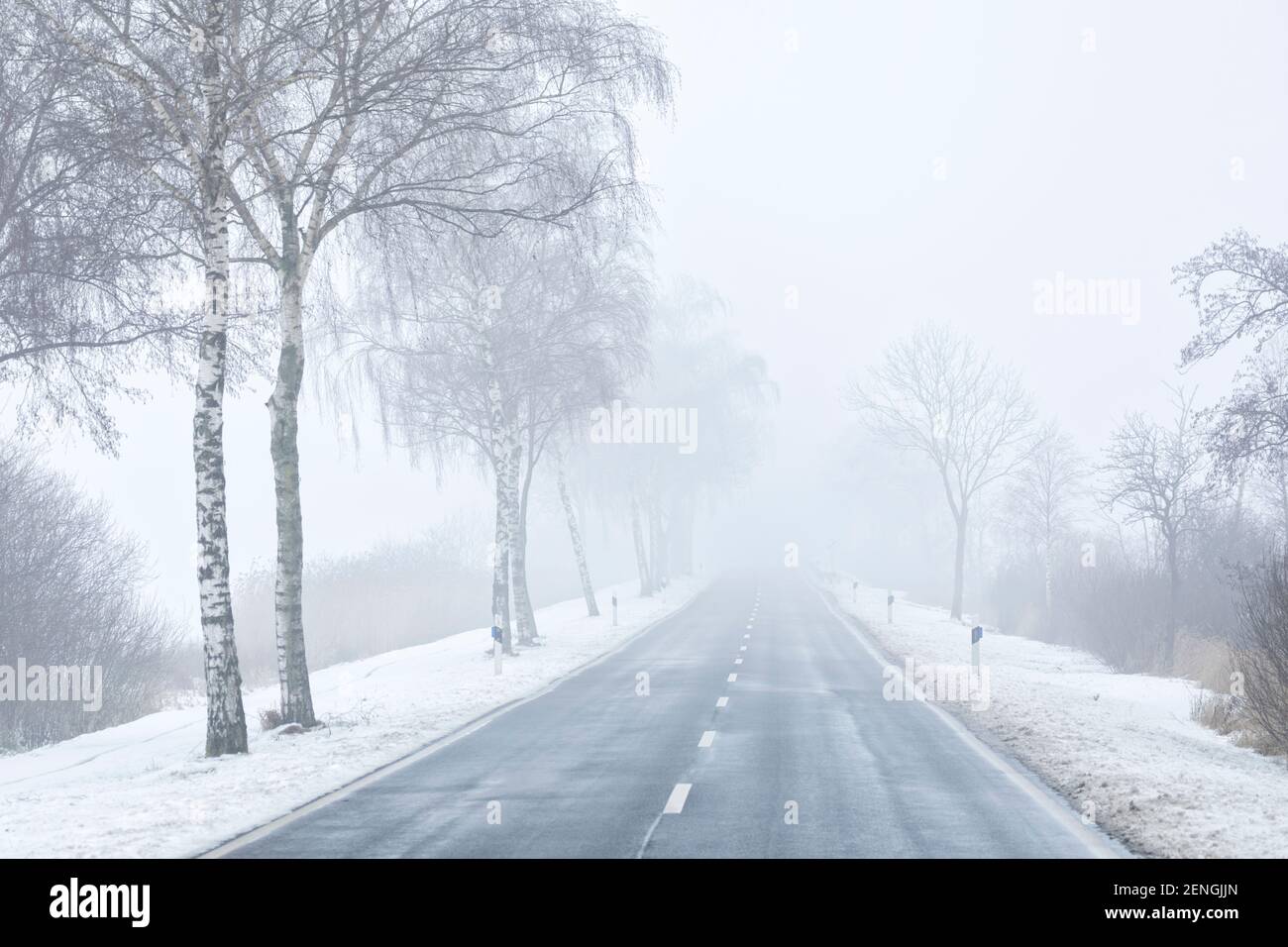 Leere Landstraße im Winter, verschwindet im Nebel Stockfoto