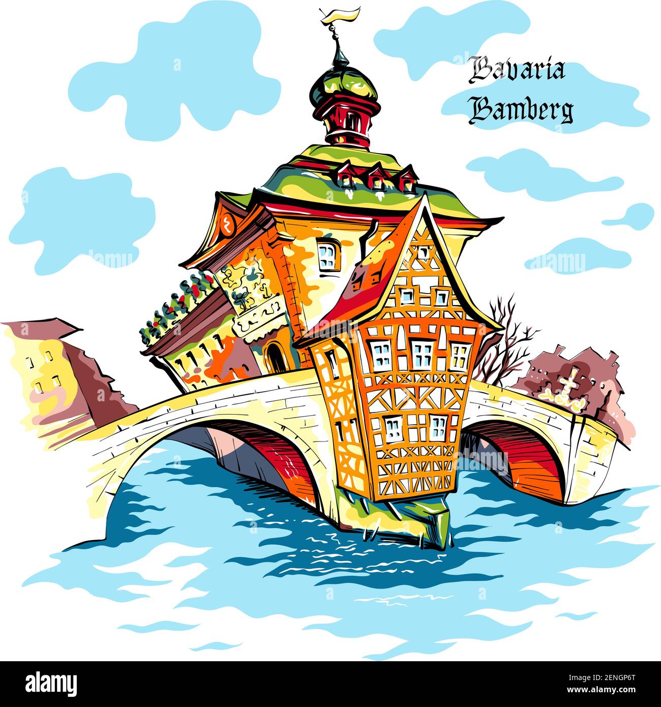 Vektor Reise Skizze des Alten Rathauses, Altes Rathaus, in Bamberg mit Stadtnamen, Bayern, Süddeutschland Stock Vektor