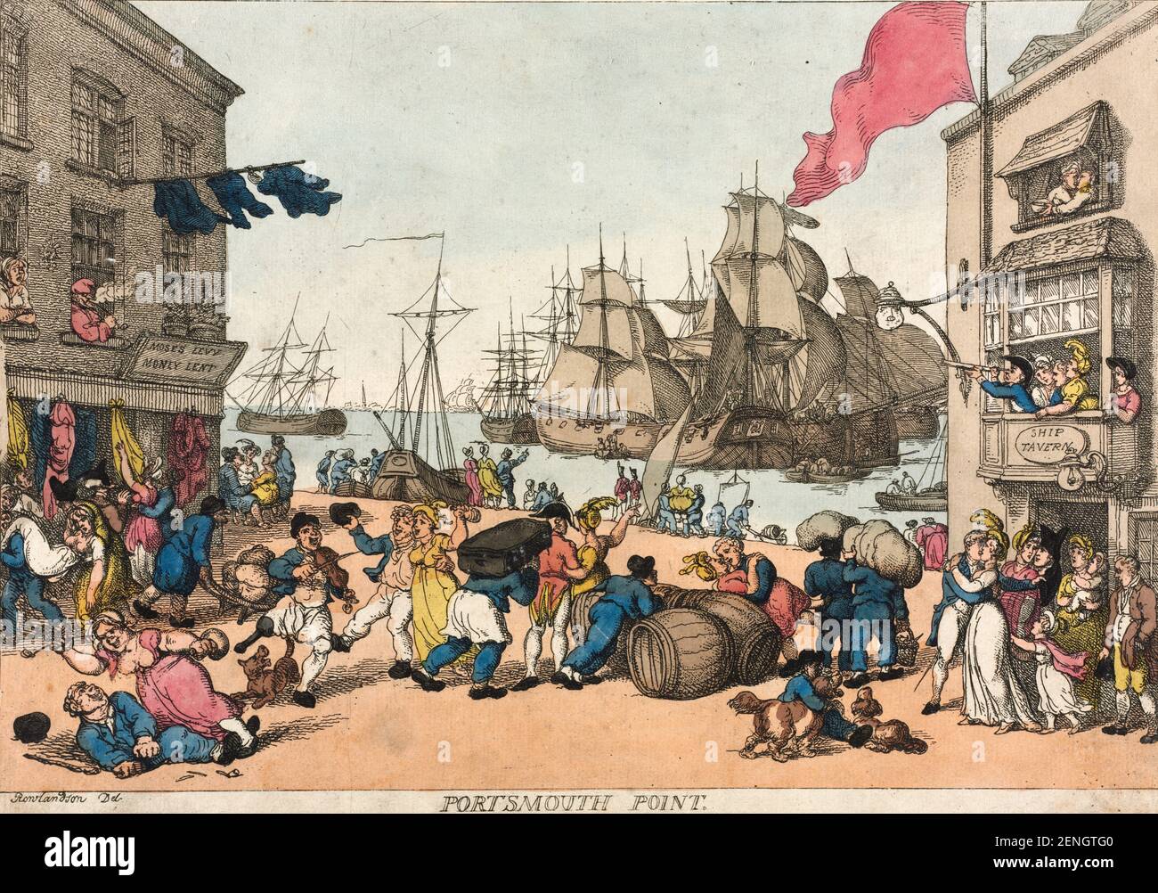 Portsmouth Point 1814 Thomas Rowlandson (britisch, 1756-1827) England, 19th Jahrhundert Radierung, handkoloriert Stockfoto