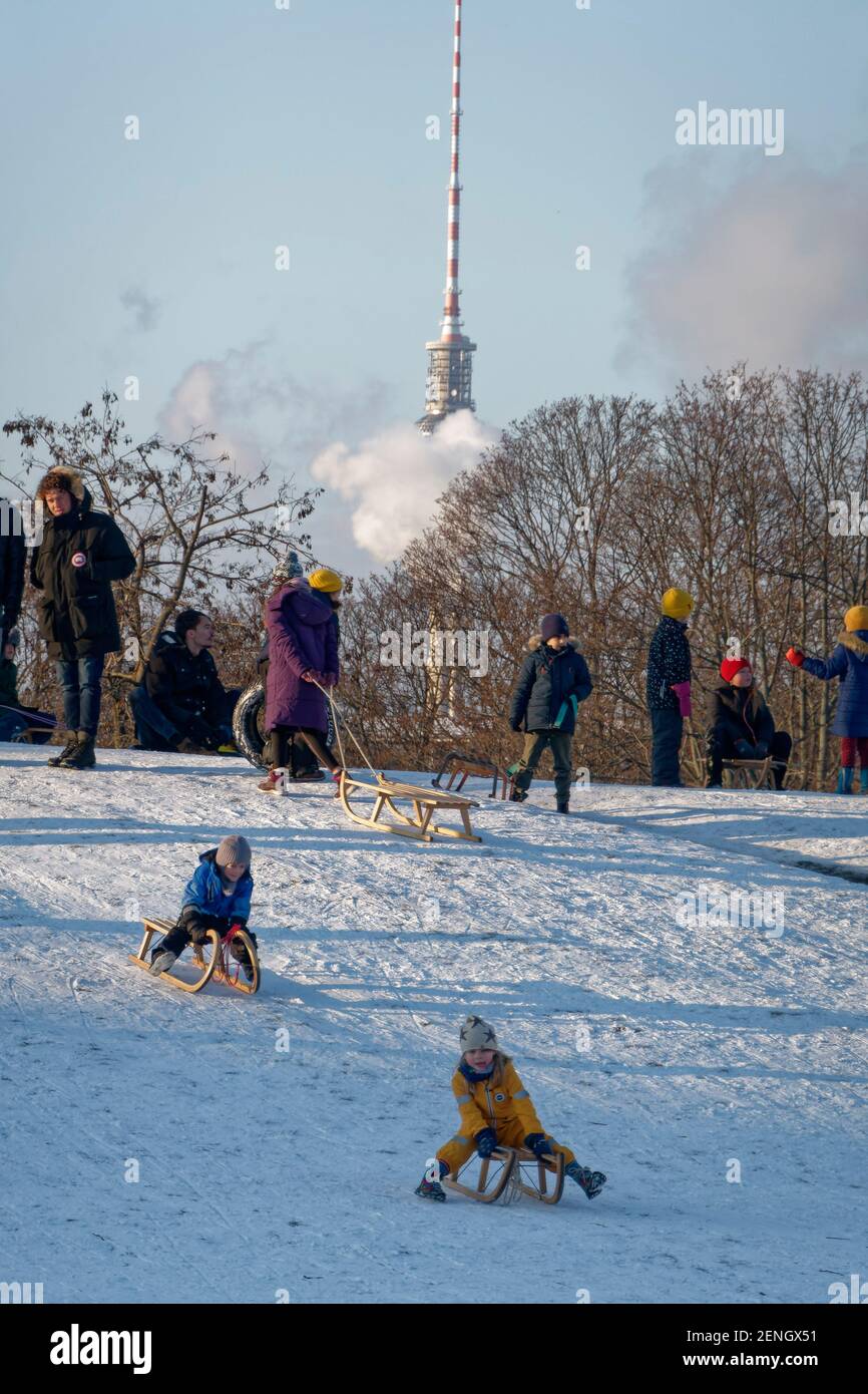 Schlittenfahren im Goerlitzer Park, Winter, Kreuzberg, Berlin Stockfoto