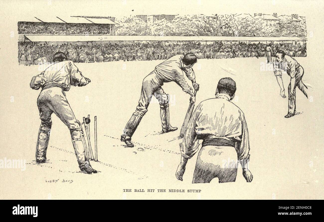 Cricket spielen illustriert die Geschichte "zwei große Spiele" aus dem Buch "die wahre Geschichte Buch" herausgegeben von ANDREW LANG illustriert von L. BOGLE, LUCIEN DAVIS, H. J. FORD, C. H. M. KERR, und LANCELOT SPEED. Veröffentlicht von Longmans, Green und Co. London und New York im Jahr 1893 Stockfoto