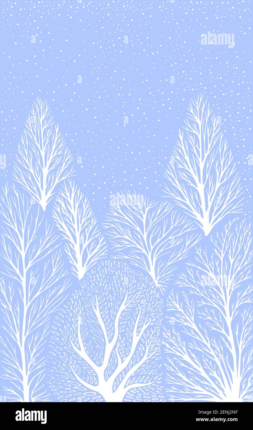 Winterlandschaft mit weißen Baumstämmen, fallender Schnee auf einem hellblauen Himmel Hintergrund. Vektor Hand gezeichnet surreale Illustration mit Wald. Stock Vektor