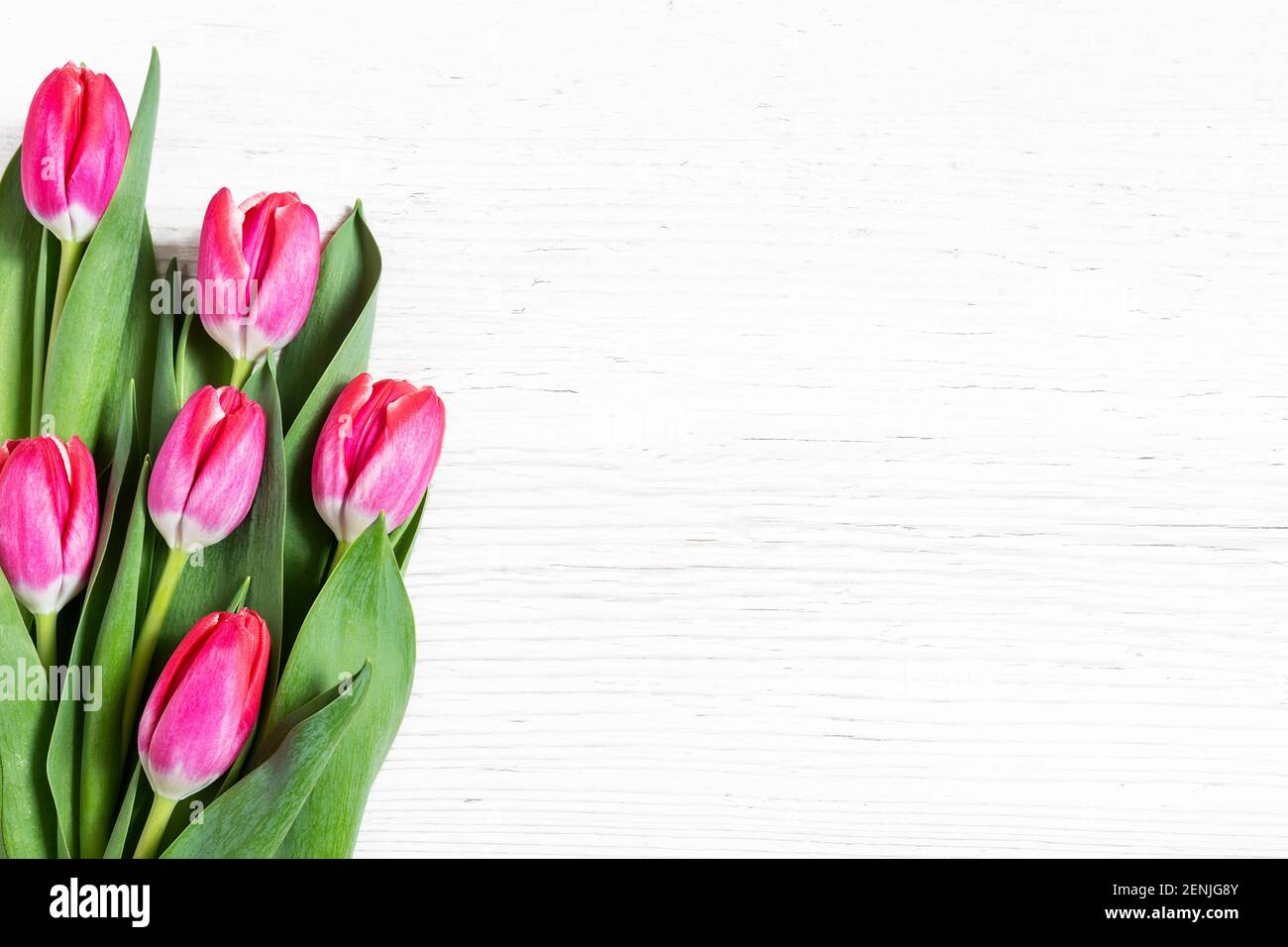 Schöne rosa Tulpen auf Holzhintergrund. Grußkarte mit Tulpen für Muttertag oder Ostern. Federkonzept. Stockfoto
