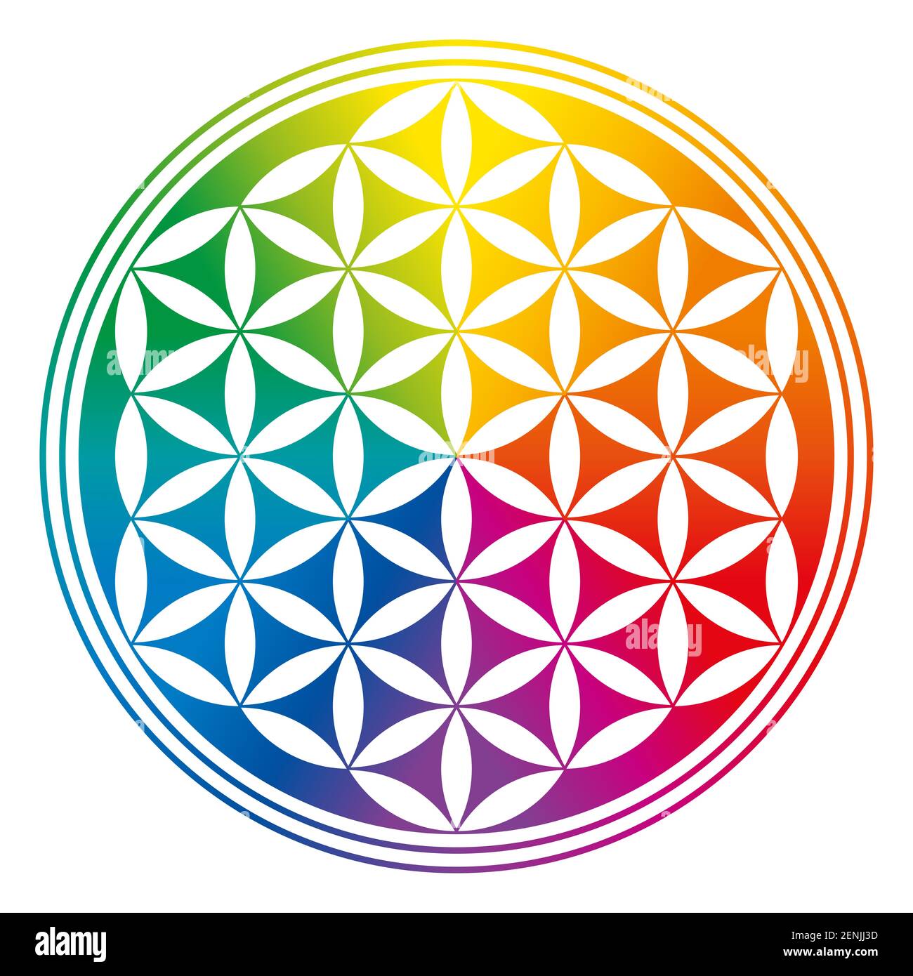 Blume des Lebens, invertiert und regenbogenfarben. Eine geometrische Figur, spirituelles Symbol und Heilige Geometrie. Stockfoto