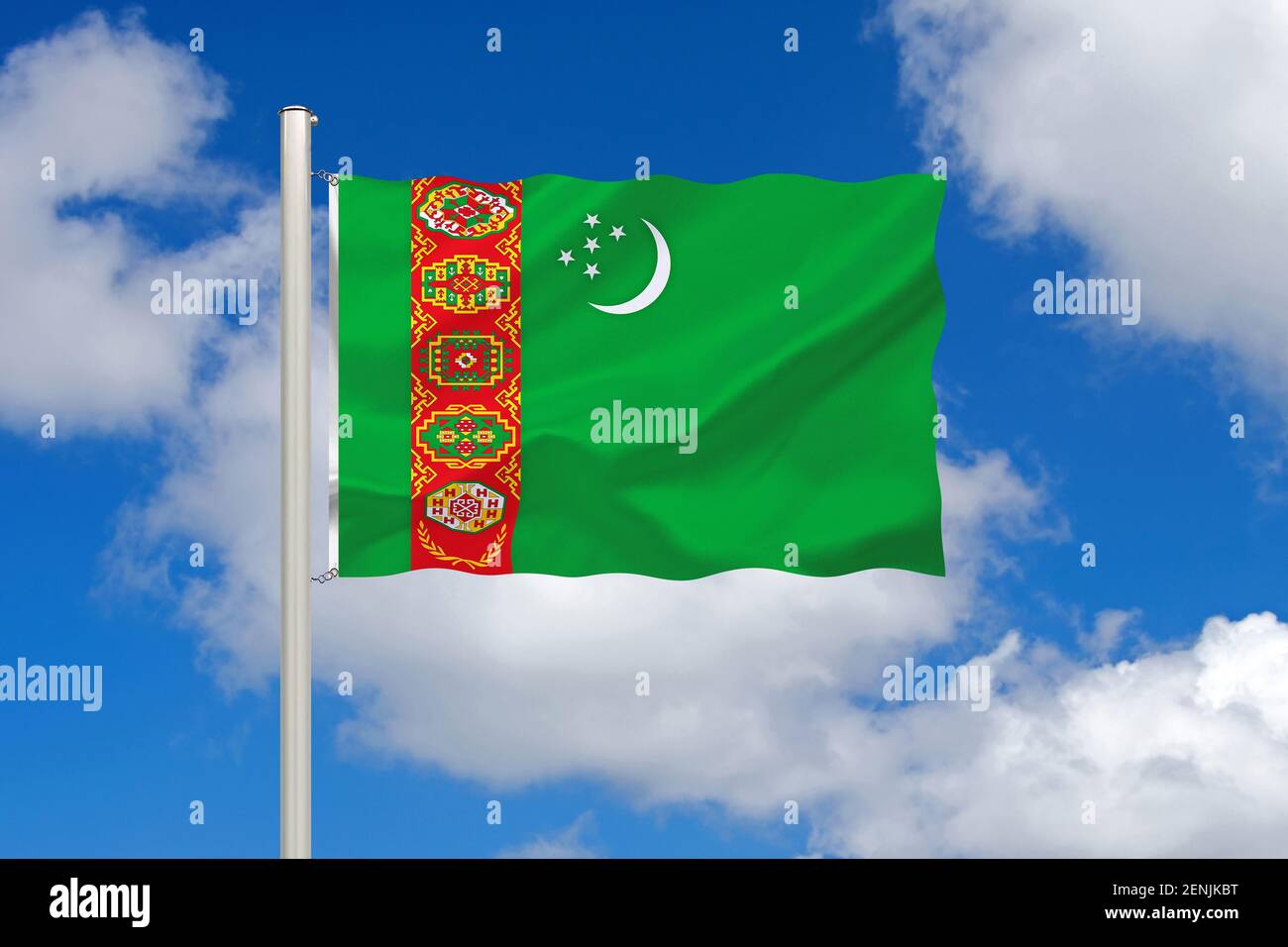 Die Flagge von Turkmenistan, Land in Zentralasien, ehemals Teil der Sowjetunion, Stockfoto