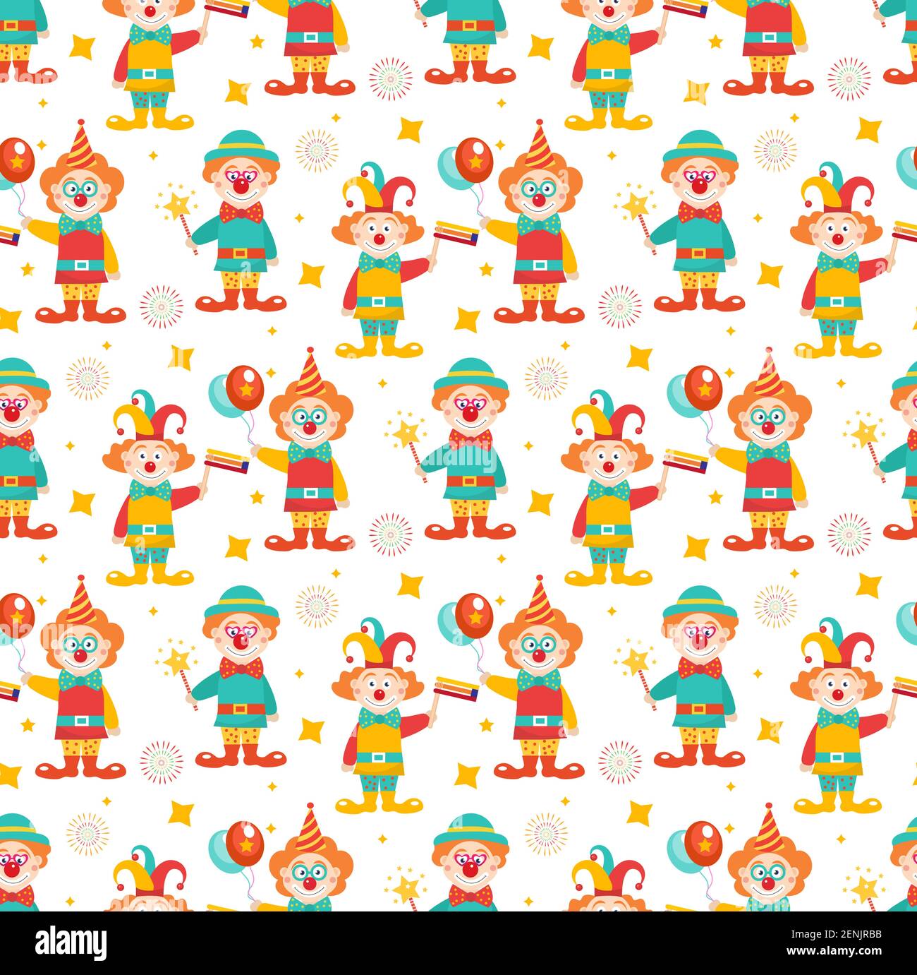 Happy purim nahtloses Muster mit Clowns. Zirkus, Karneval endlose Textur, Hintergrund. Vektorgrafik Stock Vektor