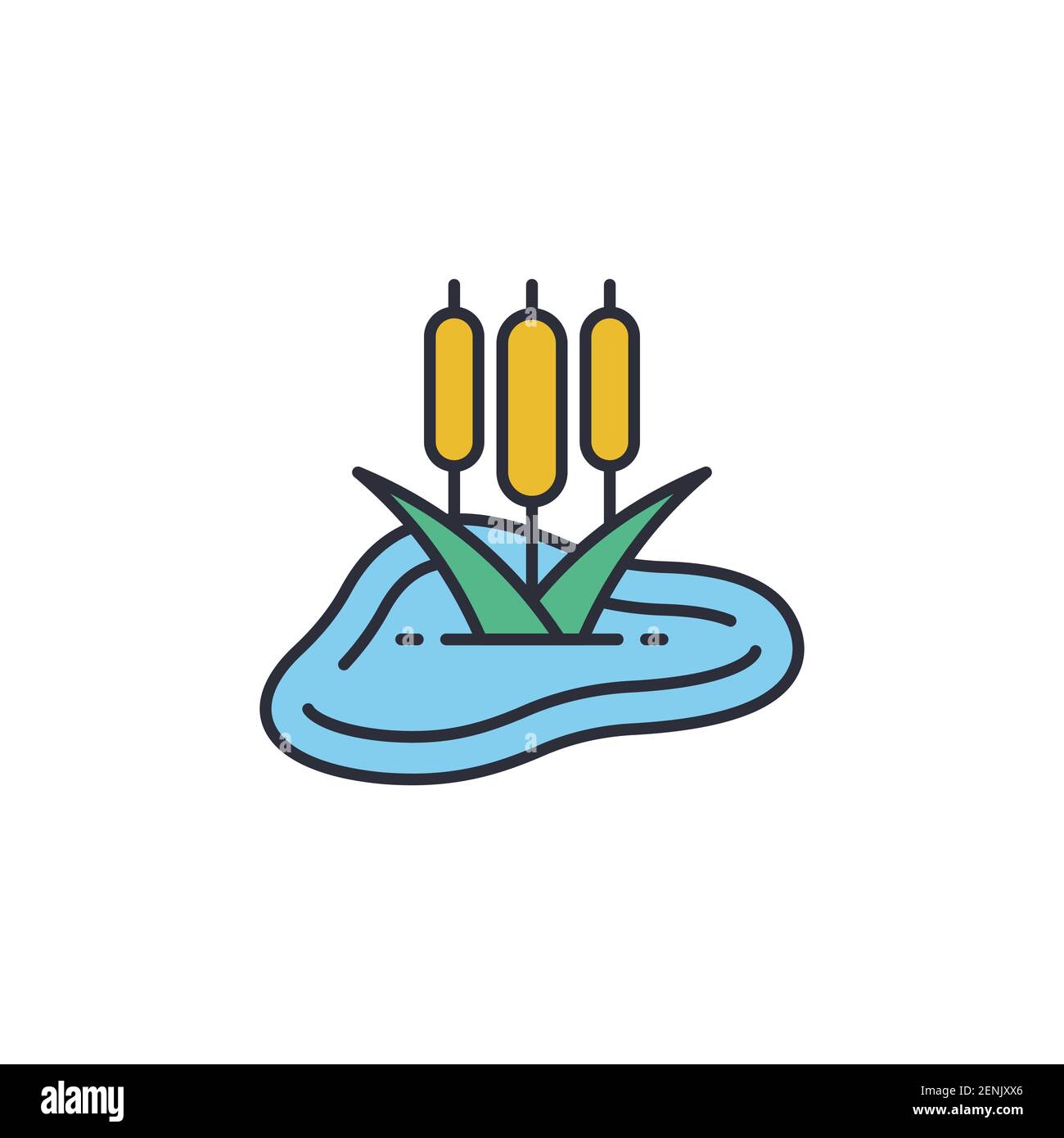 Teich mit Schilf Symbol, Farbe, Linie, Kontur VektorZeichen, lineare