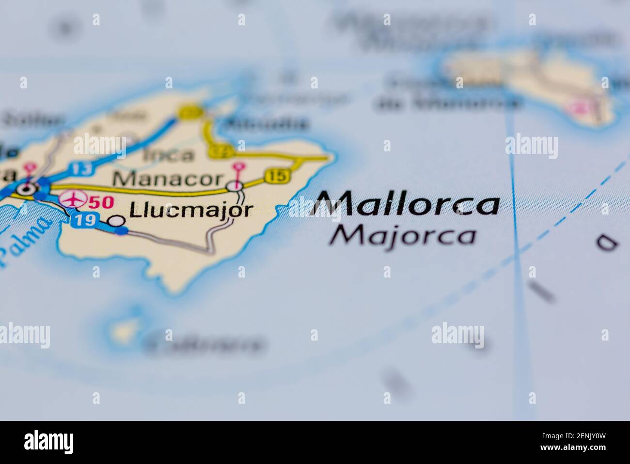 Mallorca oder Mallorca auf einer Straßenkarte oder einem angezeigt Geografische Karte Stockfoto