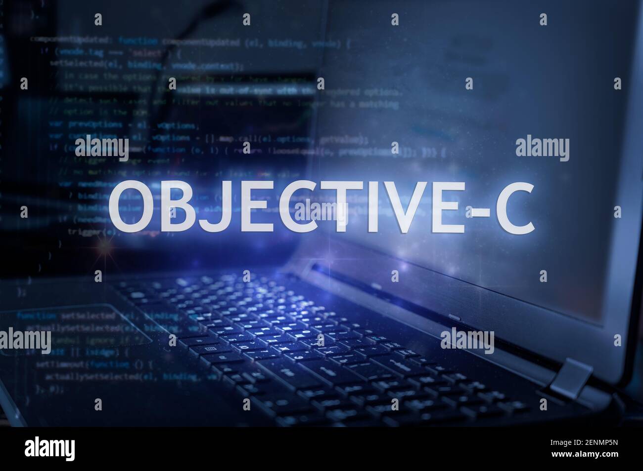 Objective-C-Beschriftung vor Laptop und Code-Hintergrund. Lernen Programmiersprache, Computer-Kurse, Schulungen. Stockfoto