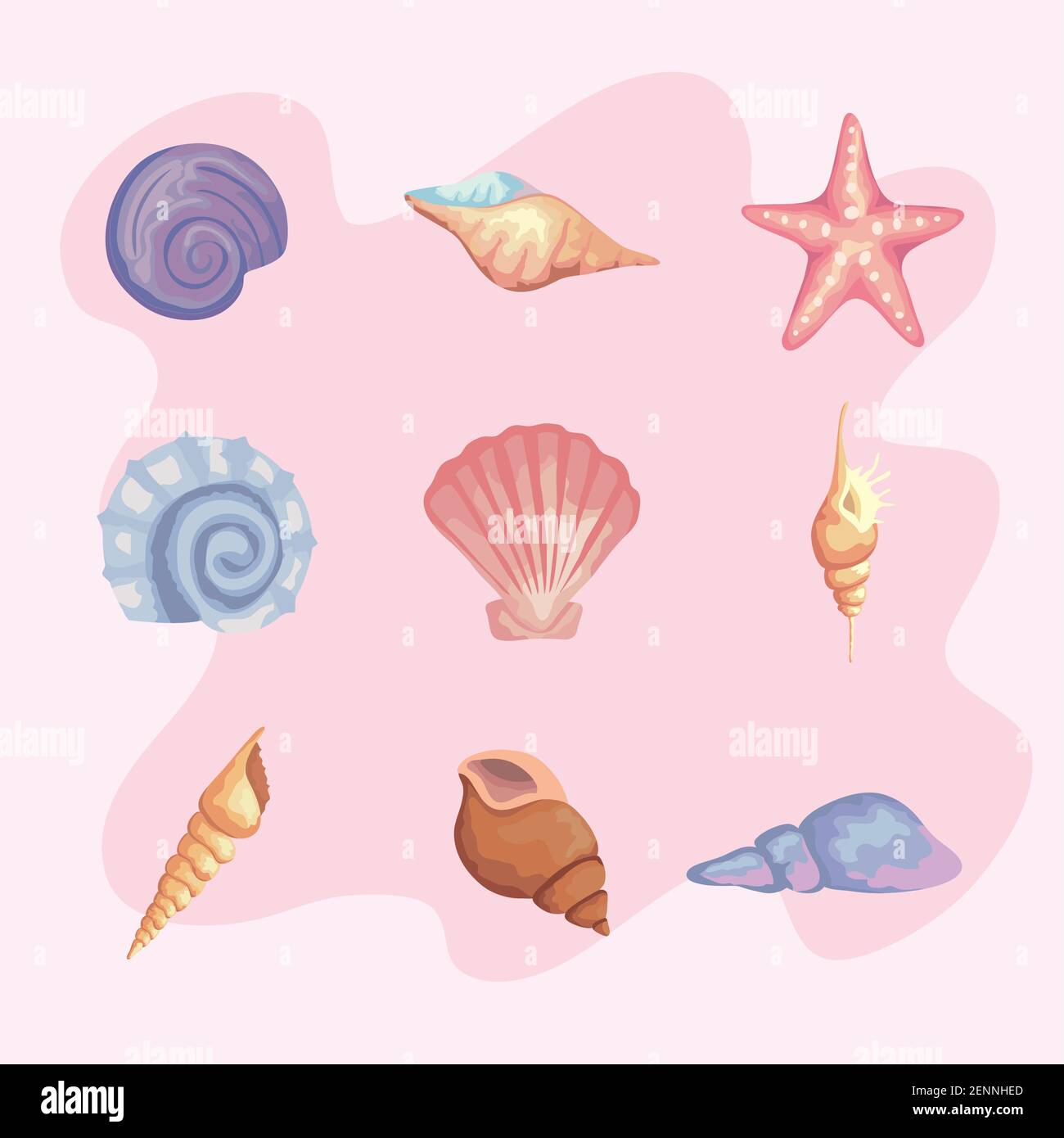 Bündel von neun Muscheln Farben setzen Symbole Stock Vektor