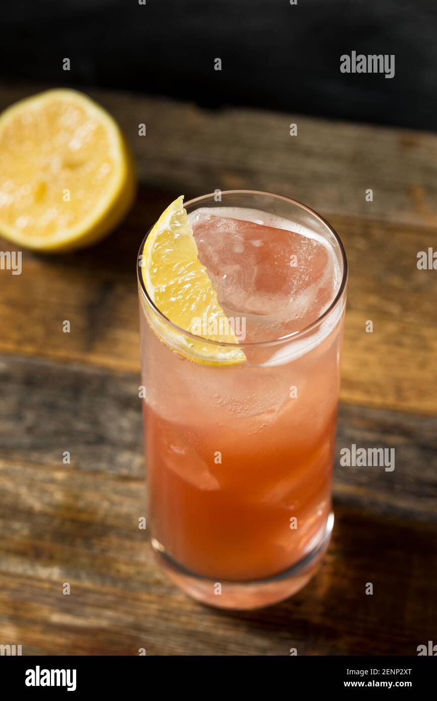 Erfrischender Cold Sloe Gin Fizz Cocktail mit Zitronengarnish Stockfoto