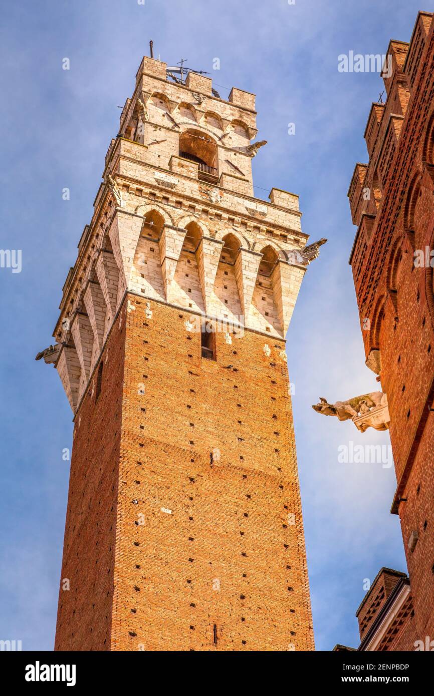 Nahaufnahme Torre del Mangia mittelalterlichen Turm, befindet sich auf der Piazza del Campo, Wahrzeichen von Siena, Italien Stockfoto