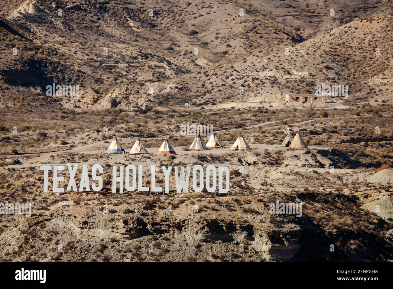 Indische Zelte Film Set Landschaft in den Hügeln von Tabernas Wüste Almeria Spanien Stockfoto