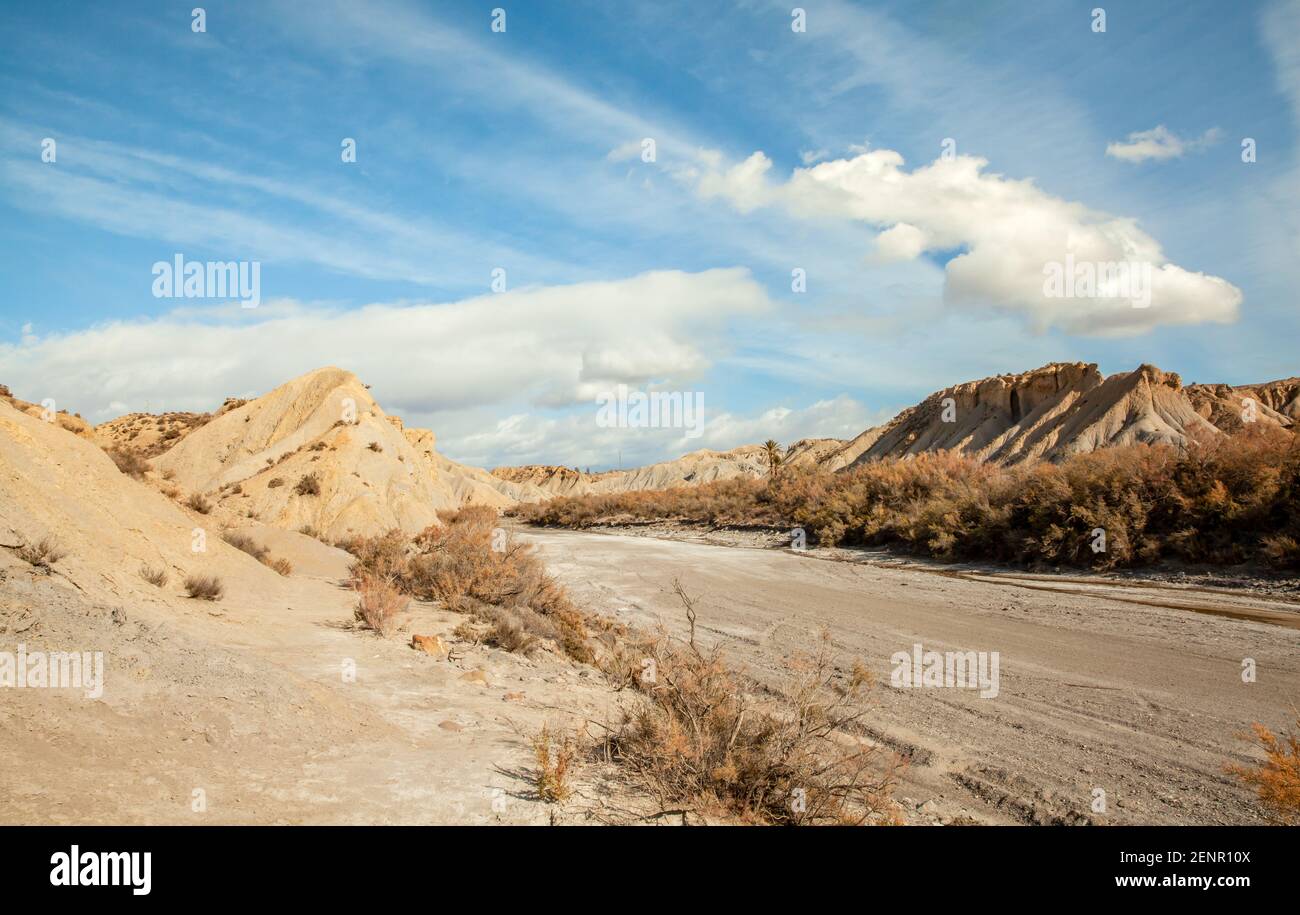 Rambla Landschaft in der Wüste Tabernas Spanien Andalusien Almeria Natur Adventure Travel Europa Stockfoto