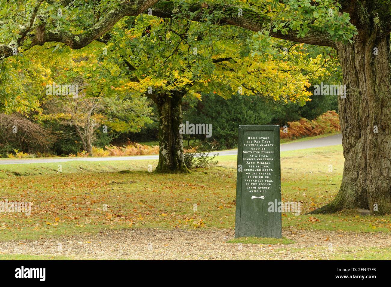 Der Rufus-Stein, der die angebliche Stelle markiert, an der König Wilhelm II. 1100AD mit einem Pfeil tödlich verletzt wurde. New Forest, Großbritannien. Stockfoto