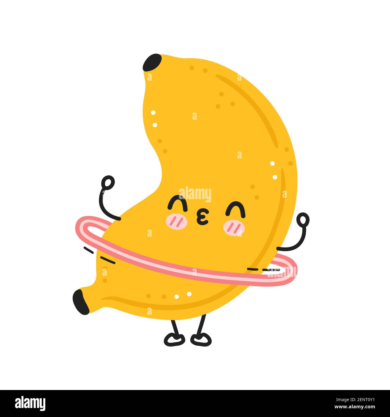 Nette lustige Banane machen Turnhalle mit Hula Hoop. Vektor flache Cartoon kawaii Figur Illustration Symbol. Isoliert auf weißem Hintergrund. Banana Fruit Workout Charakter Konzept Stock Vektor