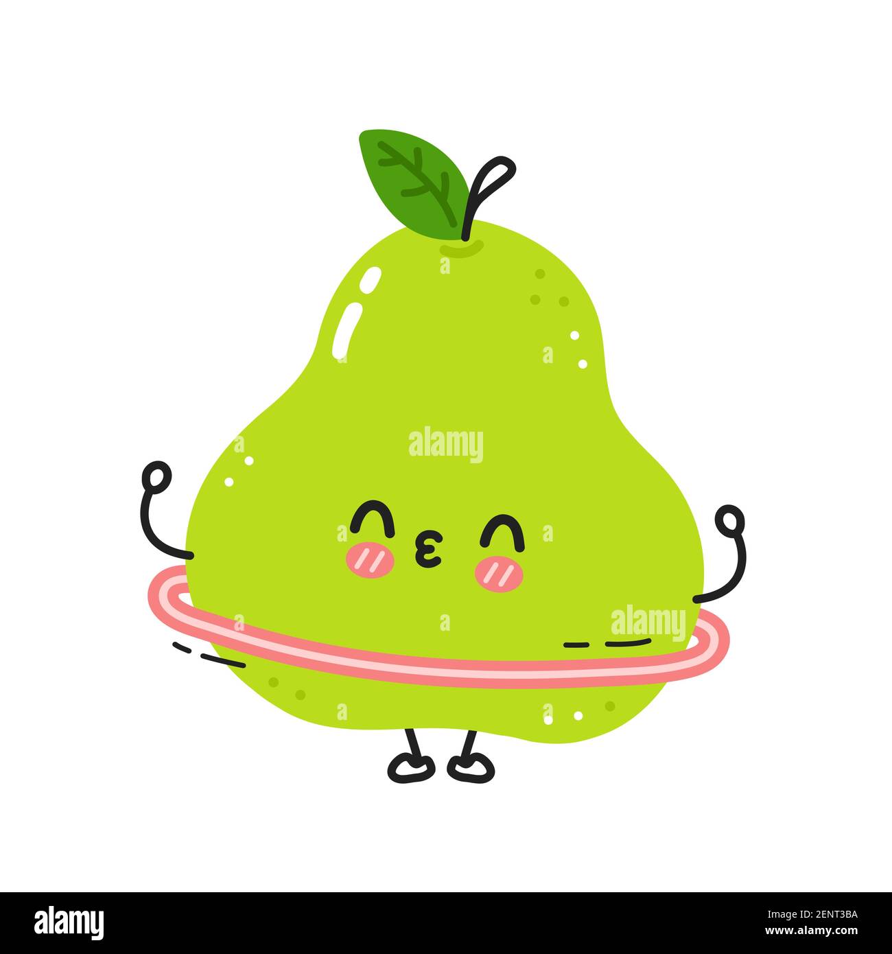 Nette lustige grüne Birne machen Turnhalle mit Hula Hoop. Vektor flache Linie Cartoon kawaii Figur Illustration Symbol. Isoliert auf weißem Hintergrund. Pear Fruit Workout Charakter Konzept Stock Vektor