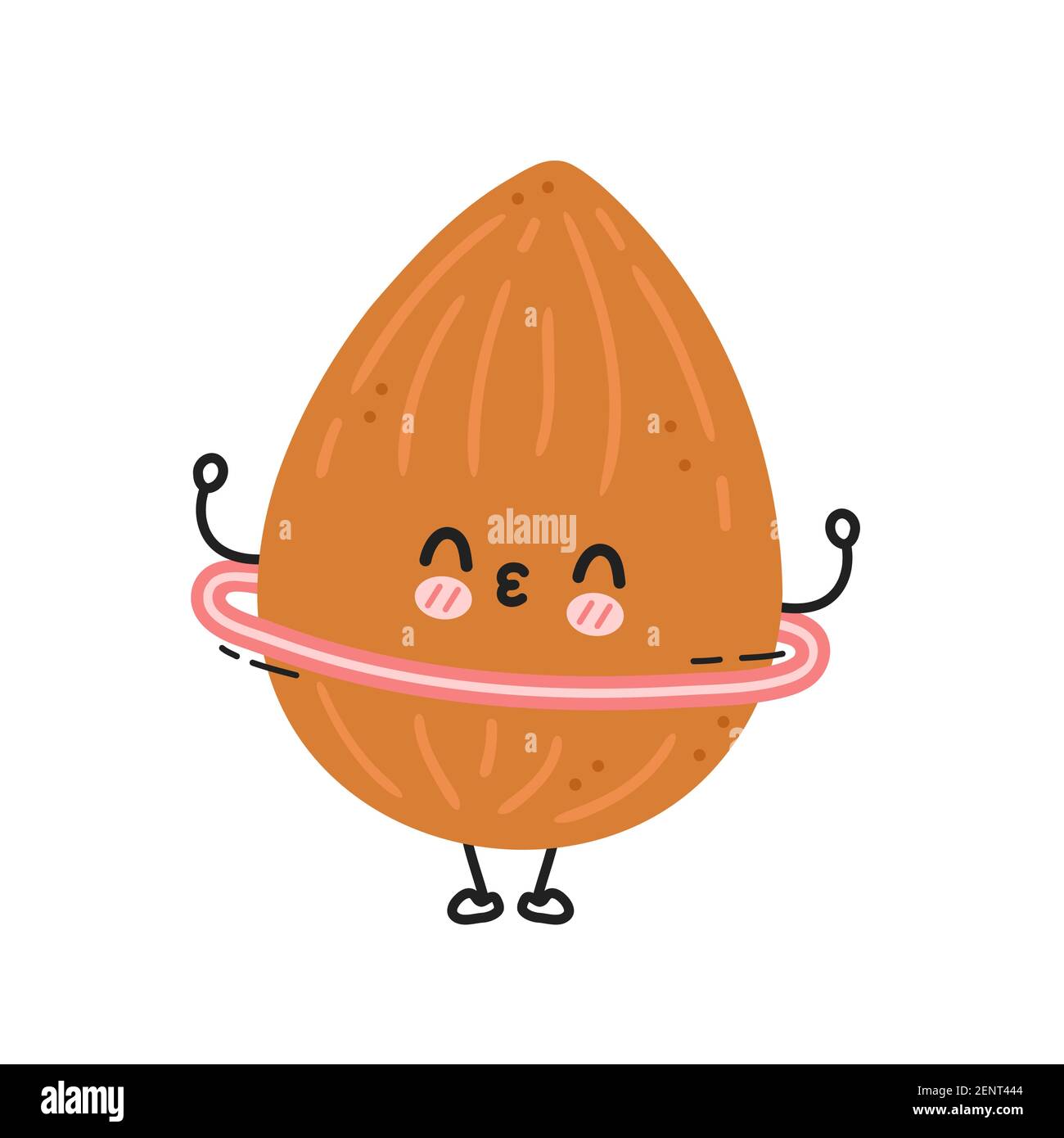 Nette lustige Mandel machen Turnhalle mit Hula Hoop. Vektor flache Linie Cartoon kawaii Figur Illustration Symbol. Isoliert auf weißem Hintergrund. Almond Workout Charakter Konzept Stock Vektor