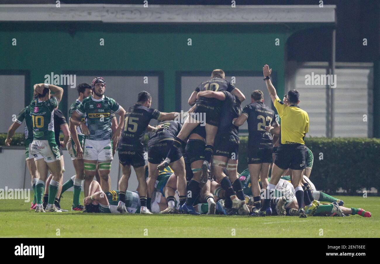 Treviso, Italien. Februar 2021, 26th. Treviso, Italien, Monigo Stadion, 26. Februar 2021, 26/02/2021; Foto Alfio Guarise; Guinness Pro14; Stadio Monigo Treviso; Benetton vs Connacht während Benetton Treviso vs Connacht Rugby - Rugby Guinness Pro 14 Match Credit: Alfio Guarise/LPS/ZUMA Wire/Alamy Live News Stockfoto