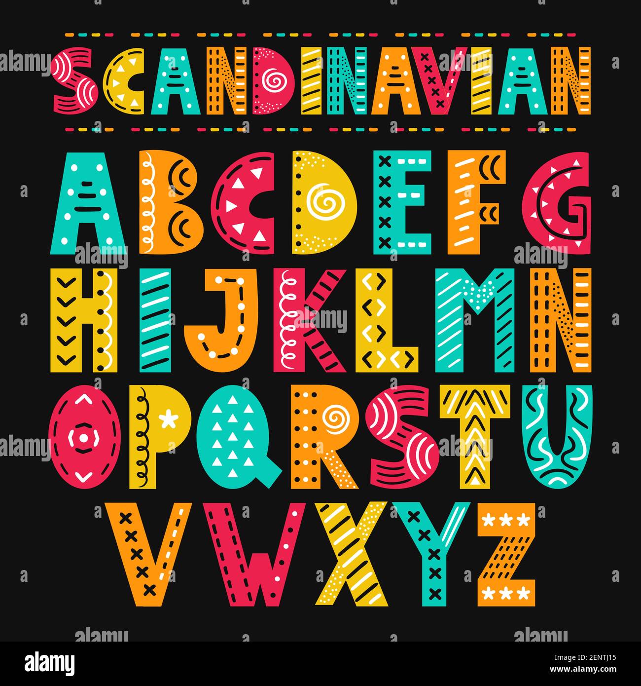 ABC skandinavischen Stil Alphabet. Vektor einfache flache Cartoon Illustration Symbol. Handgezeichnetes Kinderzimmer-Poster mit handgezeichneten Buchstaben im skandinavischen Stil. Stock Vektor