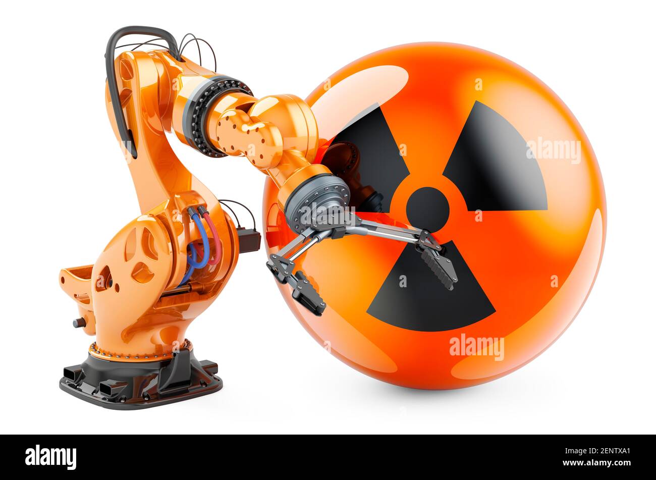 Roboterarm mit Strahlungssymbol, 3D Rendering isoliert auf weißem Hintergrund Stockfoto