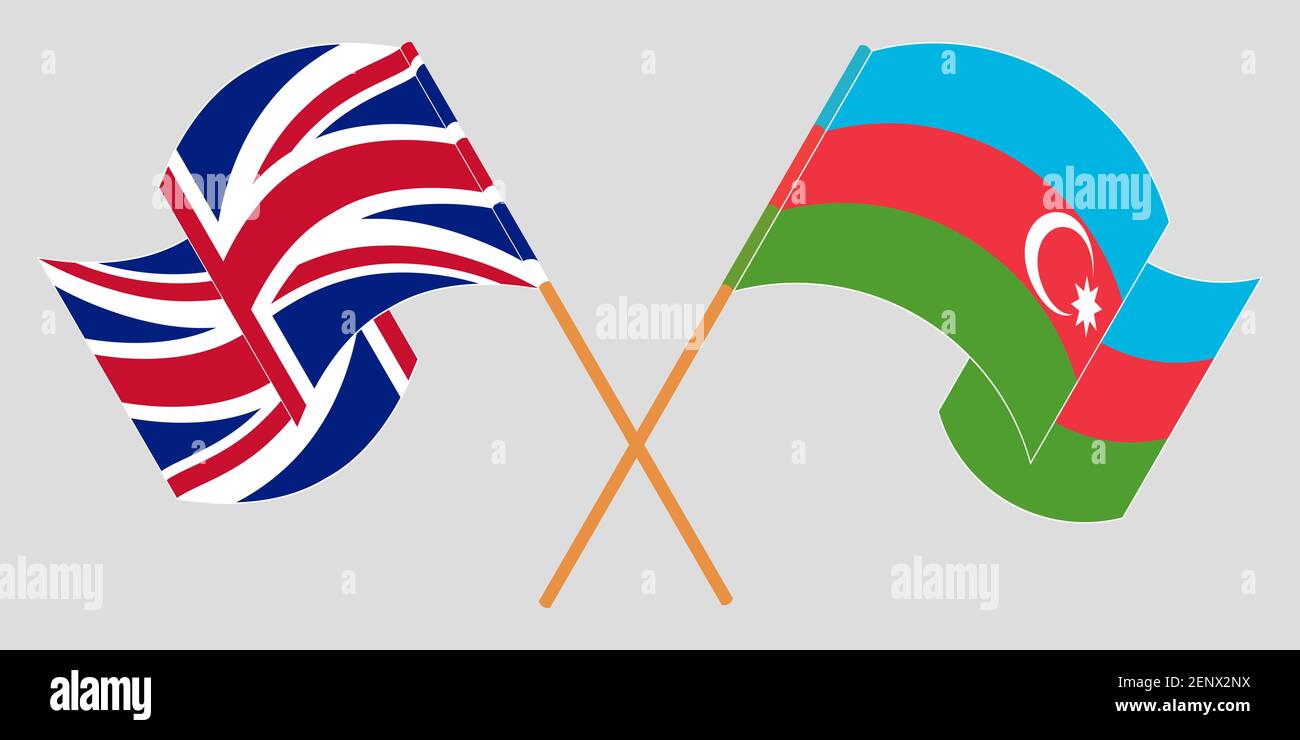 Gekreuzte und winkende Flaggen von Aserbaidschan und Großbritannien. Vektorgrafik Stock Vektor