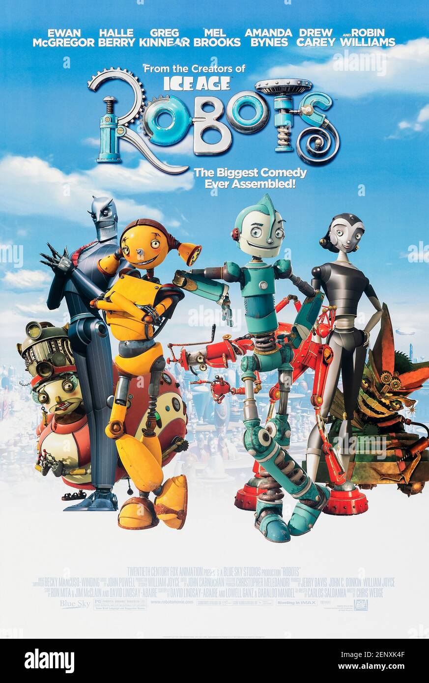 Robots (2005) Regie: Chris Wedge und Carlos Saldanha mit Ewan McGregor, Halle Berry und Mel Brooks. In einer Roboterwelt reist ein junger idealistischer Erfinder in die Großstadt, um sich der Firma seiner Inspiration anzuschließen, um sich der finsteren neuen Geschäftsführung zu widersetzen. Stockfoto