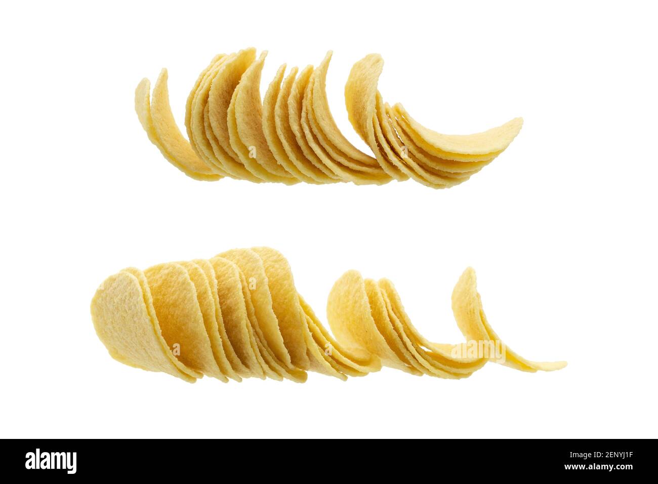 Collage von Kartoffelchips isoliert auf weißem Hintergrund Stockfoto