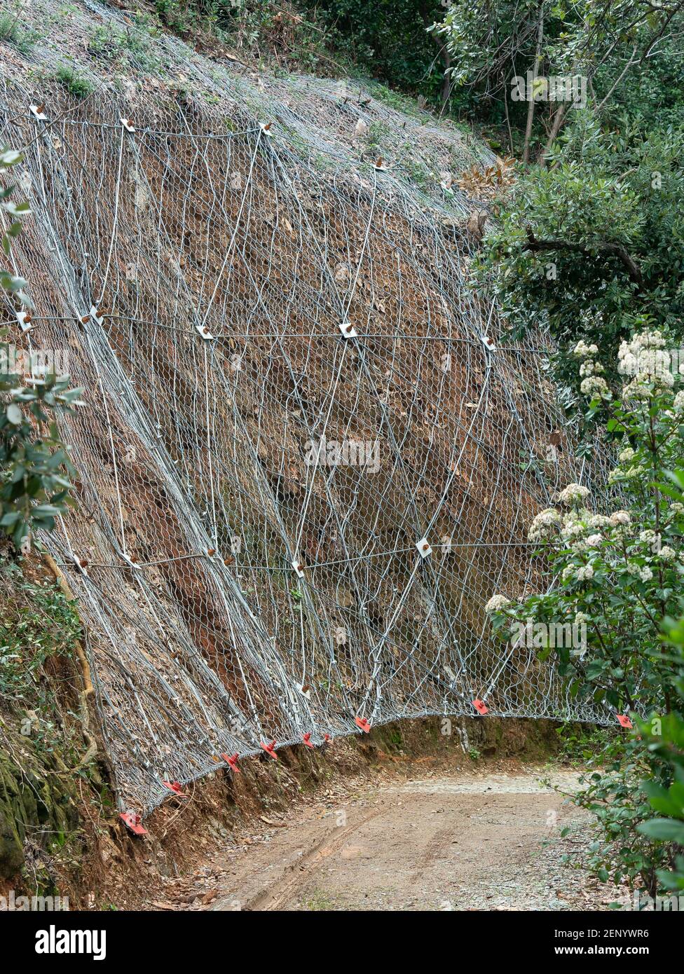 Detail der Metallgitter verwendet Bergstraßen von Erdrutsch und Steinschlag zu schützen. Stockfoto