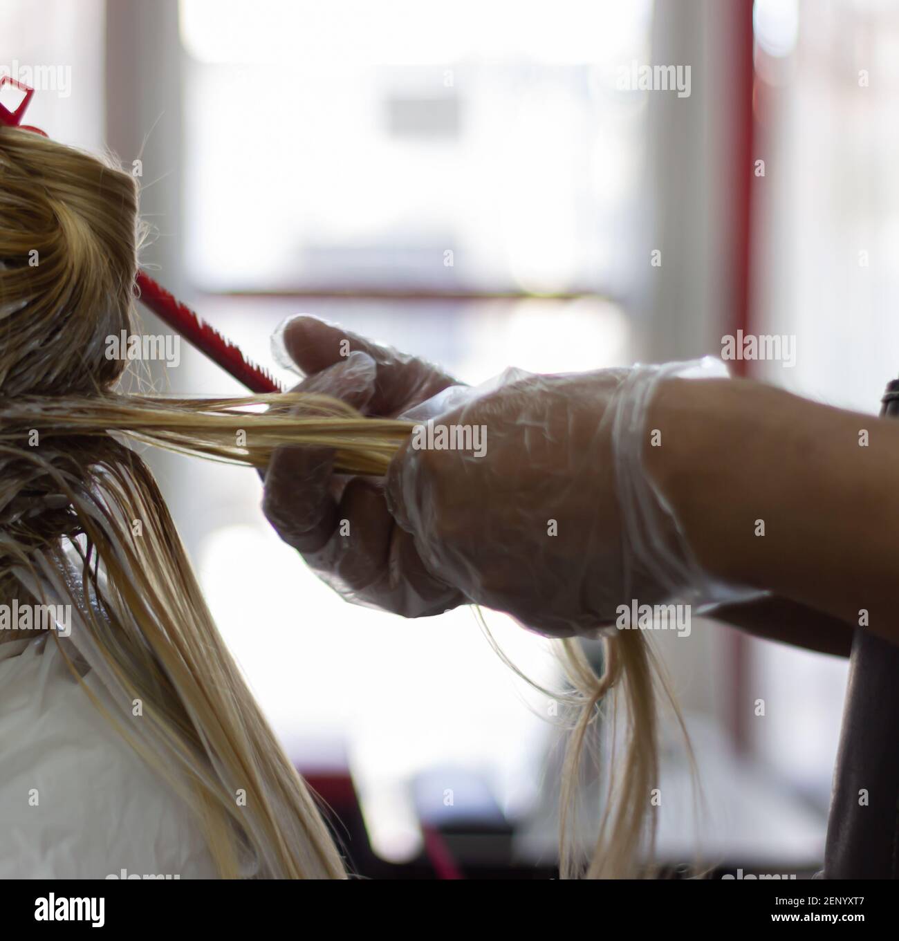 Friseur Färbung eine blonde Frau s Haar. Stockfoto