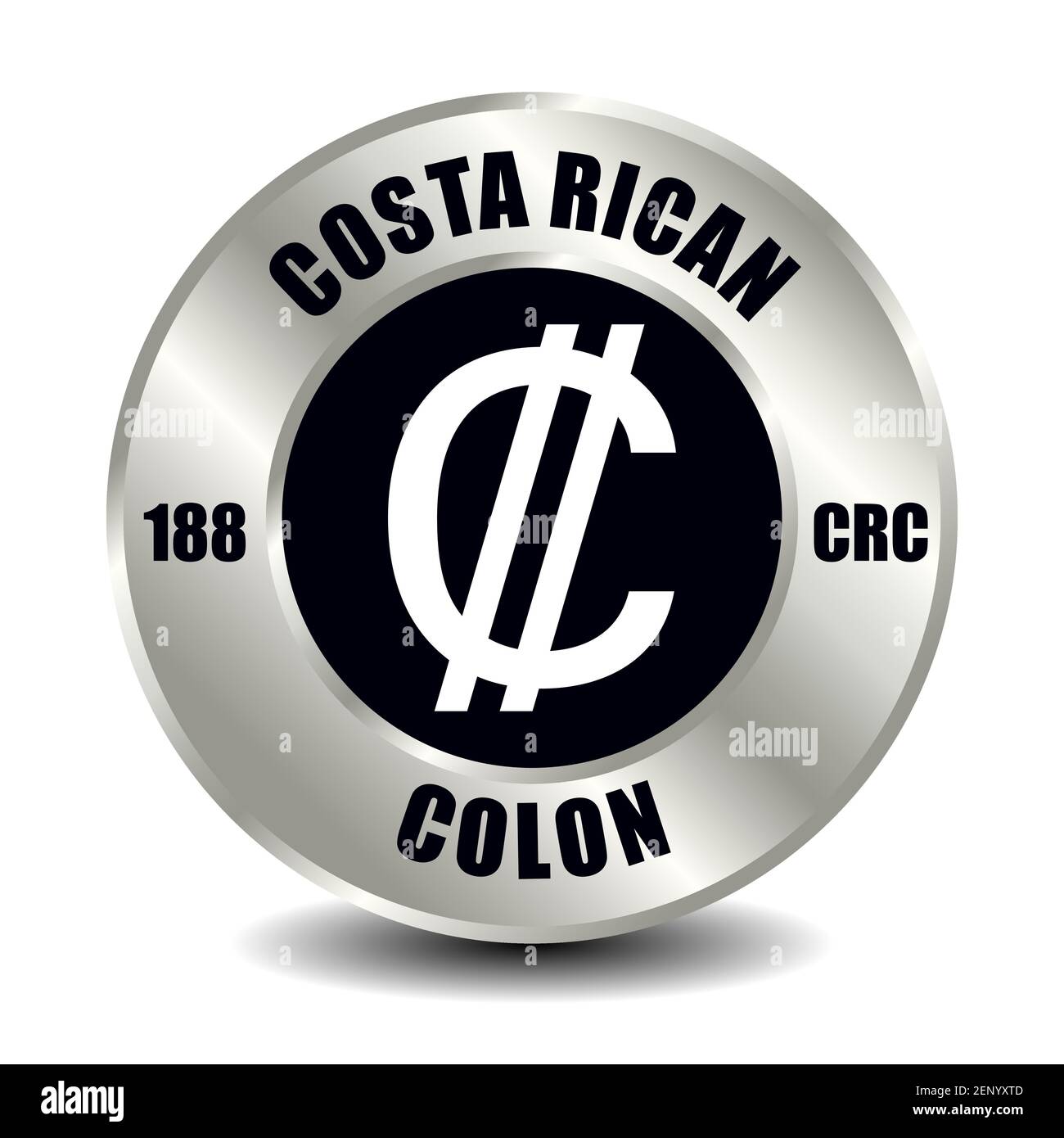 Costa Rica Geldsymbol isoliert auf runder Silbermünze. Vektorzeichen des Währungssymbols mit internationalem ISO-Code und Abkürzung Stock Vektor