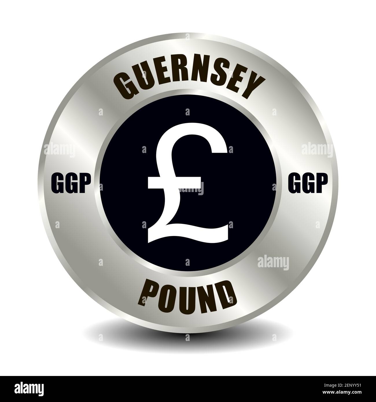 Guernsey Geldsymbol auf runder Silbermünze isoliert. Vektorzeichen des Währungssymbols mit internationalem ISO-Code und Abkürzung Stock Vektor