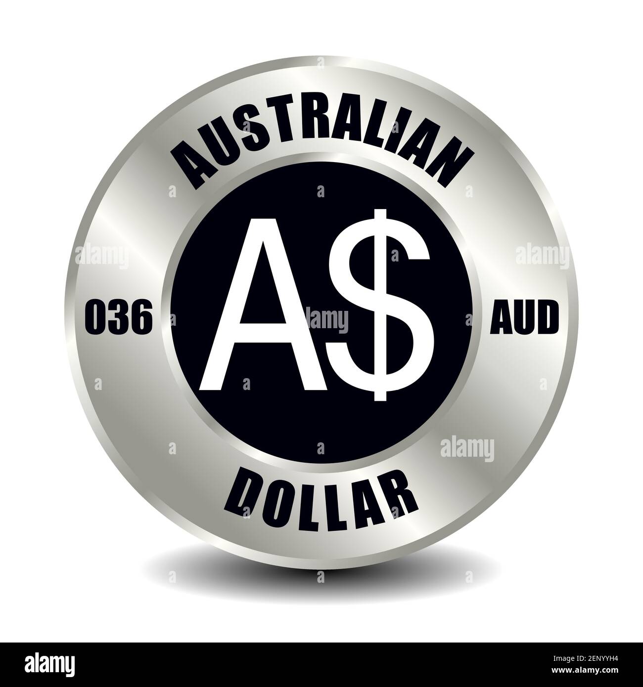 Australien Geldsymbol isoliert auf runder Silbermünze. Vektorzeichen des Währungssymbols mit internationalem ISO-Code und Abkürzung Stock Vektor