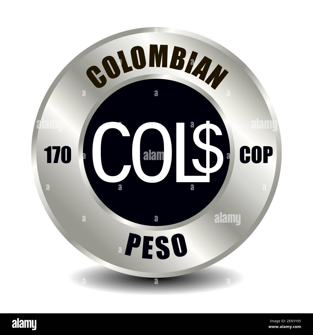 Kolumbien Geldsymbol isoliert auf runder Silbermünze. Vektorzeichen des Währungssymbols mit internationalem ISO-Code und Abkürzung Stock Vektor