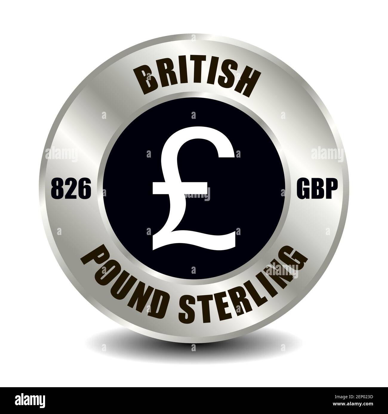 Großbritannien, Vereinigtes Königreich Geldsymbol isoliert auf runder Silbermünze. Vektorzeichen des Währungssymbols mit internationalem ISO-Code und Abkürzung Stock Vektor